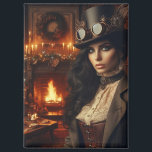 Aimant Steampunk Vintage Victorian Lady Christmas Red<br><div class="desc">Une belle femme steampunk à Noël avec une cheminée rugissante.</div>