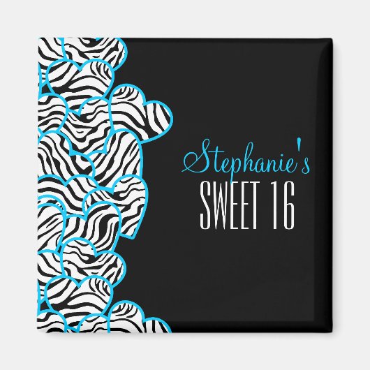 Aimant Style Blue Sweet 16 Zebra Heart Design Nom (Devant)
