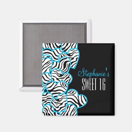 Aimant Style Blue Sweet 16 Zebra Heart Design Nom (Recto/Verso)