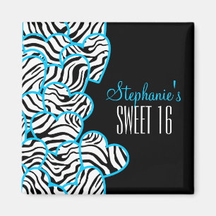 Aimant Style Blue Sweet 16 Zebra Heart Design Nom