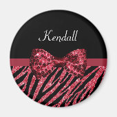 Aimant Style Red Zebra Print FAUX Glitz Bow avec nom (Devant)