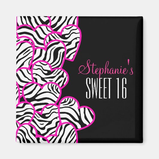 Aimant Stylish Pink Sweet 16 Zebra Heart Design Nom (Devant)