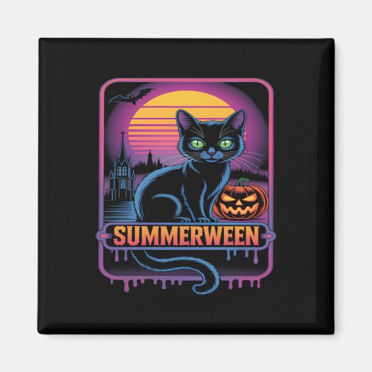 Aimant Summerween Chat noir Citrouille Retro Halloween Ar (Devant)