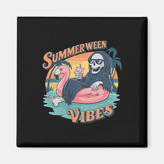 Aimant Summerween Vibes Skeleton Flamant rose Flotte été (Devant)