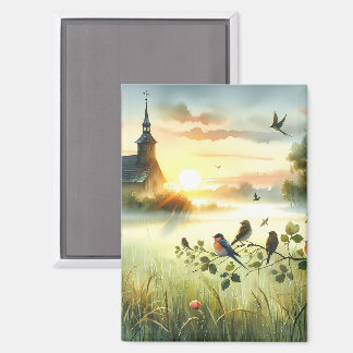 Aimant Sunrise Church with Birds in Misty Meadow No Verse