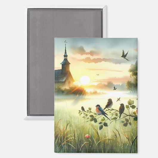 Aimant Sunrise Church with Birds in Misty Meadow No Verse (Recto/Verso)