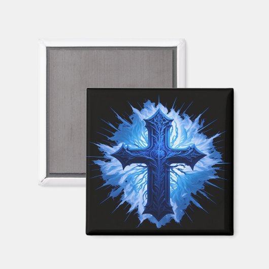 Aimant Superbe Croix Bleue Chrétienne sur noir | (Recto/Verso)
