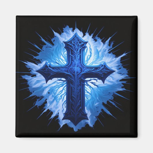 Aimant Superbe Croix Bleue Chrétienne sur noir | (Devant)