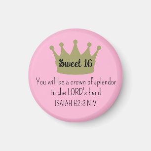 Aimant Sweet 16 Crown Bible Verse rose foncé et or