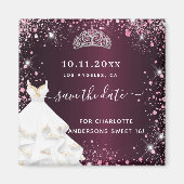 Aimant Sweet 16 robe rose bordeaux enregistrer la date (Devant)