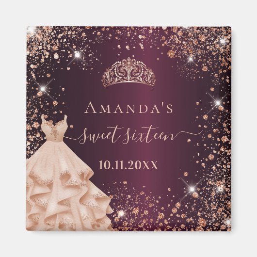 Aimant Sweet 16 rose bordeaux or tiara nom robe (Devant)
