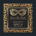 Aimant Sweet 16 Save the Date 16th Birthday Ball Leopard<br><div class="desc">Faites votre propre élégant, Sweet 16 Save the Date empreinte de léopard aimnet avec un thème mascarade - Fait une fête élégante et personnalisée faveur gardien pour les amis et la famille. Le cadre carré noir simple au centre affiche "Save the Date" avec le nom personnalisé ci-dessous dans élégant, script...</div>