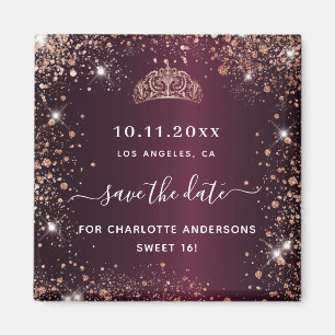Aimant Sweet 16 tiare bordeaux rose or enregistrer la dat