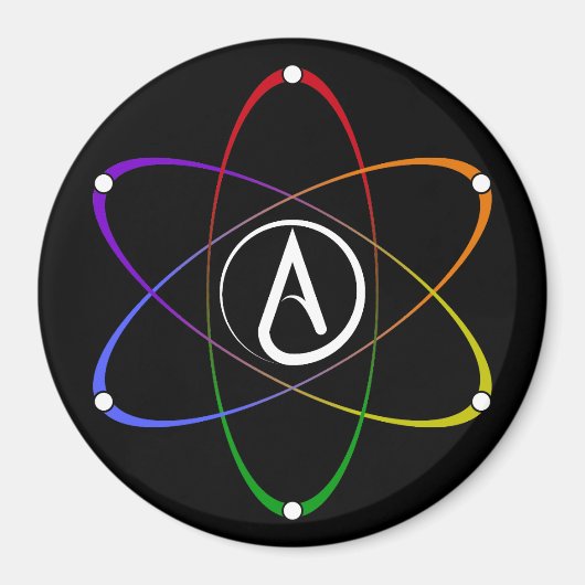 Aimant Symbole d'atome athée arc-en-ciel blanc (Devant)