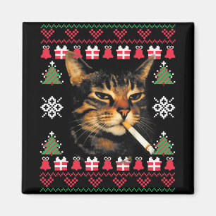 Aimant T-shirt de Noël laid avec un chat drôle qui fume p