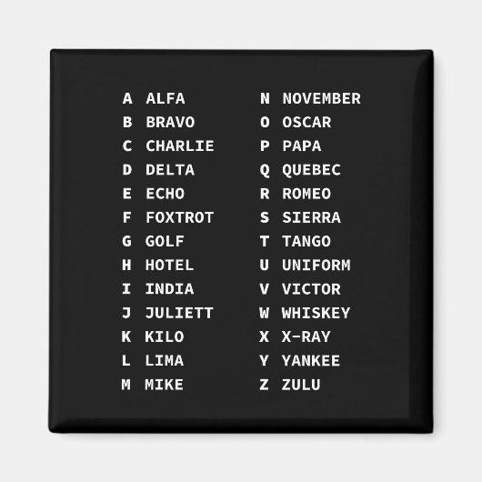 Aimant Tableau de code de l'alphabet phonétique Classique (Devant)