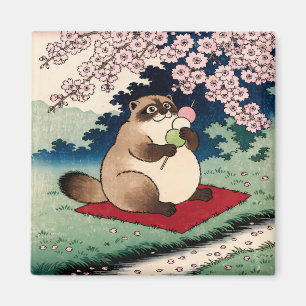 Aimant Tanuki avec Hanami Dango Cerisier Ukiyo-e Ma