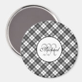 Aimant Tartan motif Noël noir blanc Monogramme (Recto/Verso)