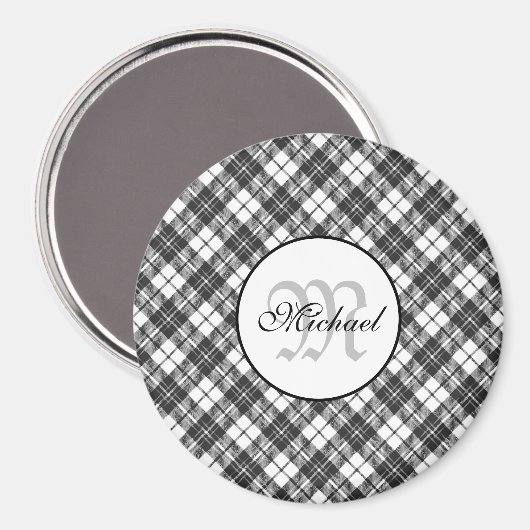 Aimant Tartan motif Noël noir blanc Monogramme (Recto/Verso)
