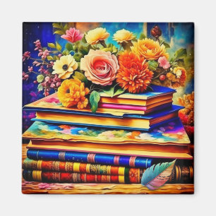 Aimant Tas de livres anciens et fleurs