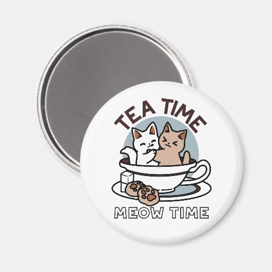 Aimant Tea Time Meow Time - Cute Cat and Tea Design (Recto/Verso)
