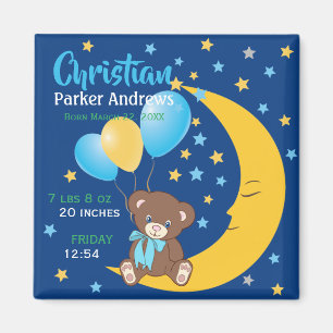 Aimant Teddy Bear Sitting on Moon Baby Birth Stats