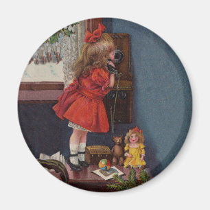 Aimant Téléphone Antique de Petite Fille de Noël