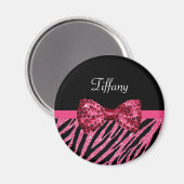 Aimant Tendance rose Zebra Print FAUX Glitz Bow avec nom (Recto/Verso)