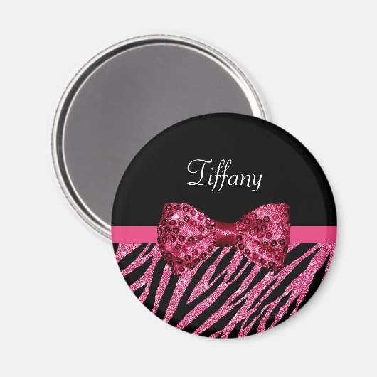 Aimant Tendance rose Zebra Print FAUX Glitz Bow avec nom (Recto/Verso)