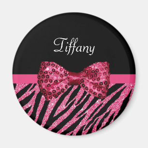 Aimant Tendance rose Zebra Print FAUX Glitz Bow avec nom