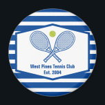 Aimant Tennis sur mesure Country Club Bleu rayé<br><div class="desc">Cet aimant de club de campagne moderne et élégant comprend des raquettes de tennis et une balle au-dessus de votre nom d'équipe de tennis et date établie. Magnets rayés bleus et blancs pour vos joueurs de tennis et membres du country club.</div>