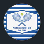 Aimant Tennis sur mesure Country Club Bleu rayé<br><div class="desc">Cet aimant de club de campagne moderne et élégant comprend des raquettes de tennis et une balle au-dessus de votre nom d'équipe de tennis et date établie. Magnets rayés bleus et blancs pour vos joueurs de tennis et membres du country club.</div>