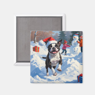 Aimant Terrier de Boston Scène de neige festive de Noël