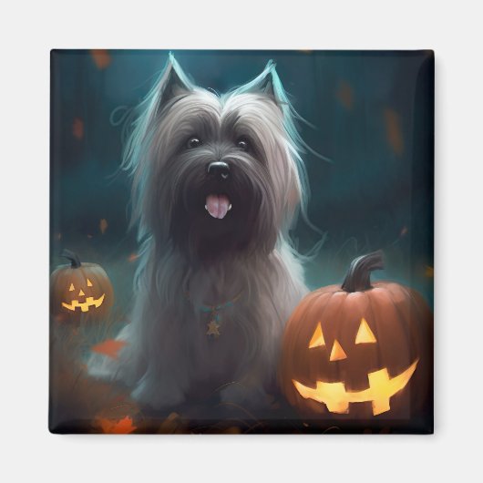 Aimant Terrier Skye d'Halloween avec citrouilles effrayan (Devant)