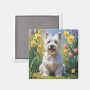 Aimant Terrier West Highland White Fleurs de printemps