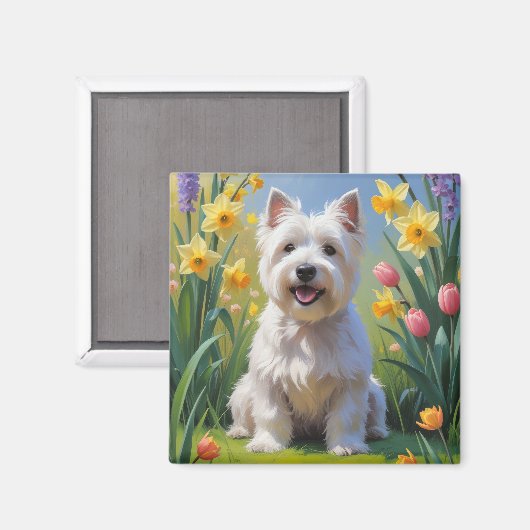 Aimant Terrier West Highland White Fleurs de printemps (Recto/Verso)
