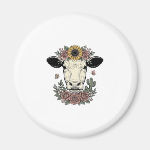 Aimant Tête de vache florale dessin vintage_1