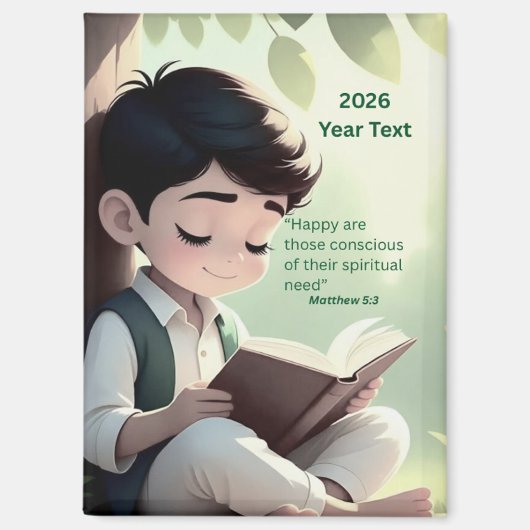 Aimant Texte de l'année 2026 Garçon lisant (Recto)
