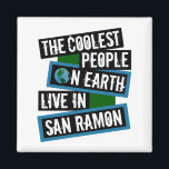 Aimant The Coolest People on Earth Live in San Ramon<br><div class="desc">This design features bold, layered text with the phrase "The Coolest People on Earth Live in San Ramon" in a striking cool color palette. A globe graphic, integrated with coordinating blue and green blocks, symbolizes the city's global appeal. The design is suitable for showcasing local pride, as it boldly declares...</div>