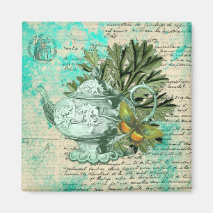 Aimant Théière vintage et collage d'éphémères