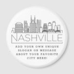 Aimant Thème de Nashville | Message de ville personnalisé<br><div class="desc">Un service d'aimant unique représentant la belle ville de Nashville, Tennessee. Ce porte - clé présente une illustration stylisée de l'horizon unique de la ville avec son nom en dessous. Sous le nom de la ville se trouve un endroit pour votre slogan ou déclaration unique sur votre ville préférée. Un...</div>