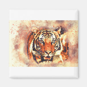 Aimant Tiger Portrait Art Abstrait Aquarelle Vintage