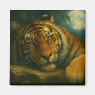 Aimant Tigre d'aquarelle reposant dans la forêt nocturne