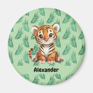 Aimant Tigre de dessin animé mignon sur feuilles tropical