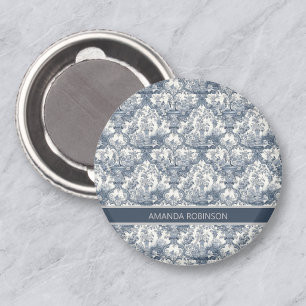 Aimant Tissu damassé floral vintage Toile de Jouy bleue m