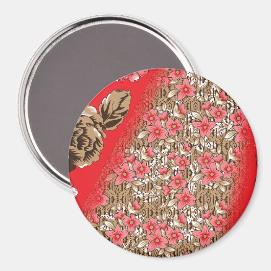 Aimant Tissu rouge éclatant avec floral complexe et (Recto/Verso)