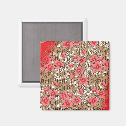 Aimant Tissu rouge éclatant avec floral complexe et (Recto/Verso)