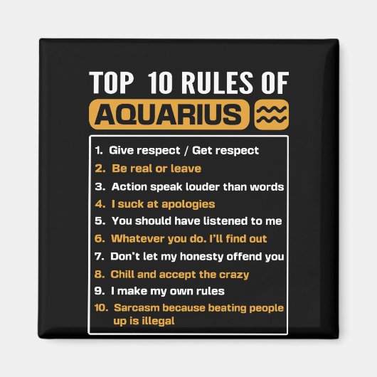 Aimant Top 10 rules of Aquarius, Funny Aquarius 10 rules (Devant)
