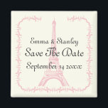 Aimant Tour Eiffel rose mariage Paris Enregistrer la date<br><div class="desc">Paris mariage rose Tour Eiffel ivoire Enregistrer la Date. Un design élégant et raffiné,  avec la Tour Eiffel en rose,  dans une bordure damassée en ivoire arrière - plan.</div>