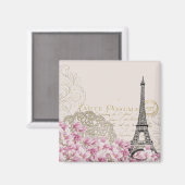 Aimant Tour Eiffel vintage avec Fleurs sauvages roses (Recto/Verso)